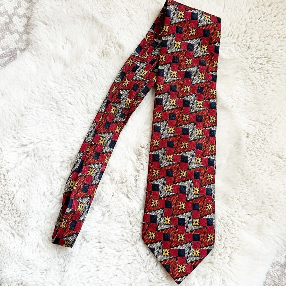 Vintage Ermenegildo Zegna‎ Necktie Mens Red Blue Shirt Tie Geometric Silk Italy